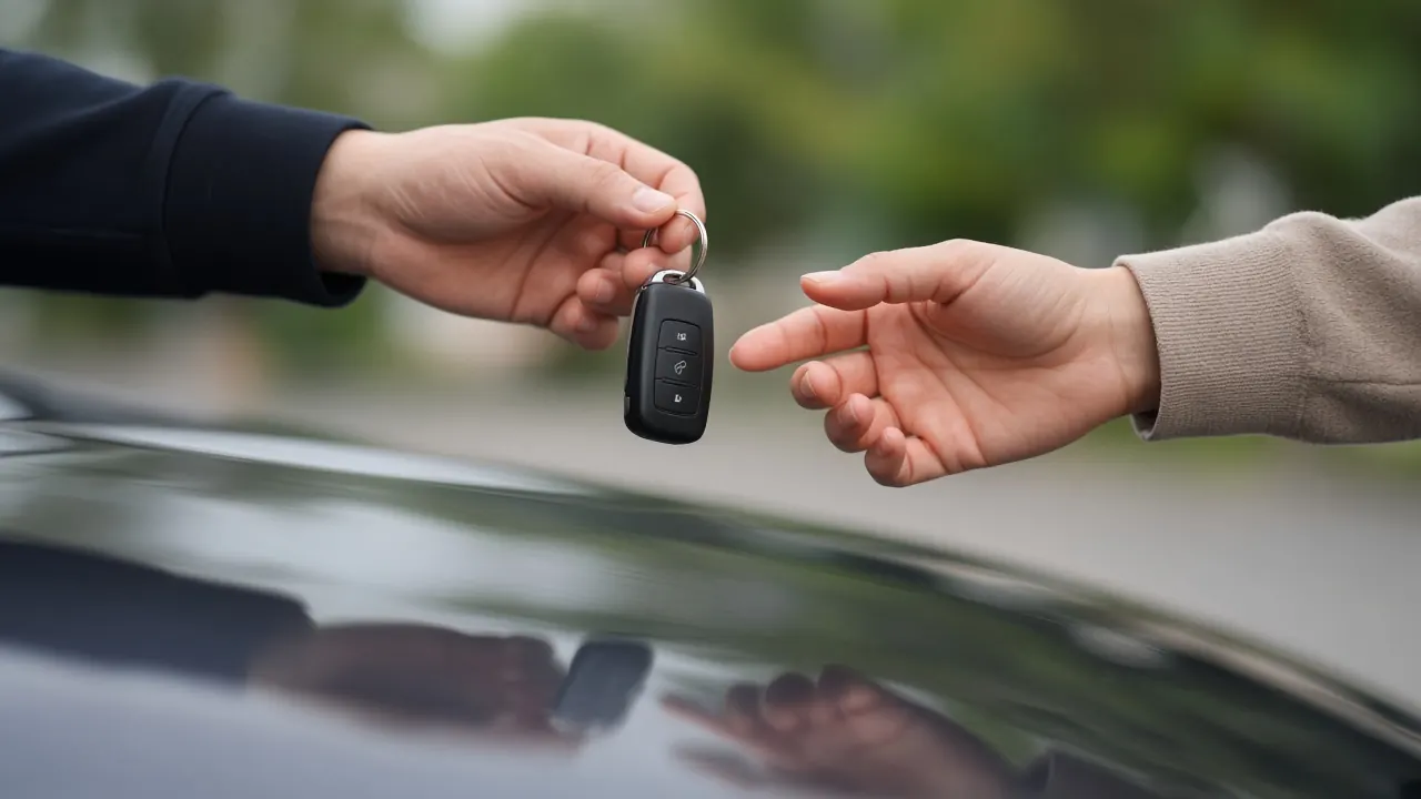 Serah terima kunci mobil di depan unit sewaan