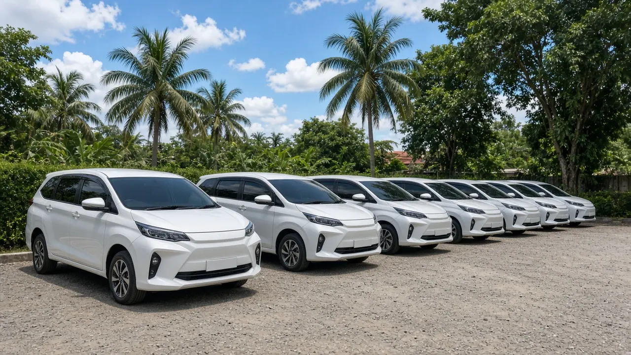 Deretan mobil MPV bersih di area parkir rental